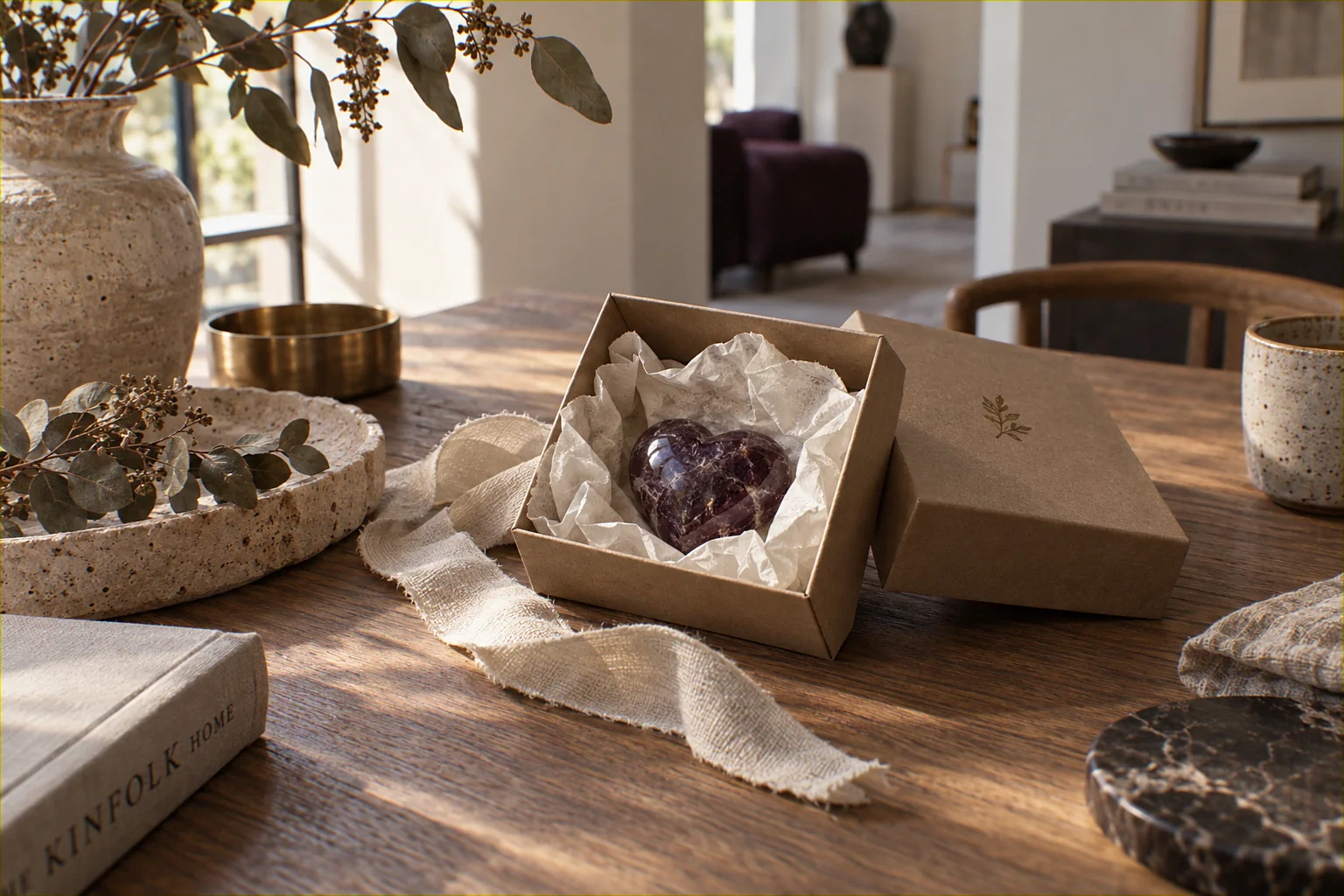 Gepolijst amethisthart in een kartonnen doosje met vloeipapier en een linnen lint, op een houten tafel