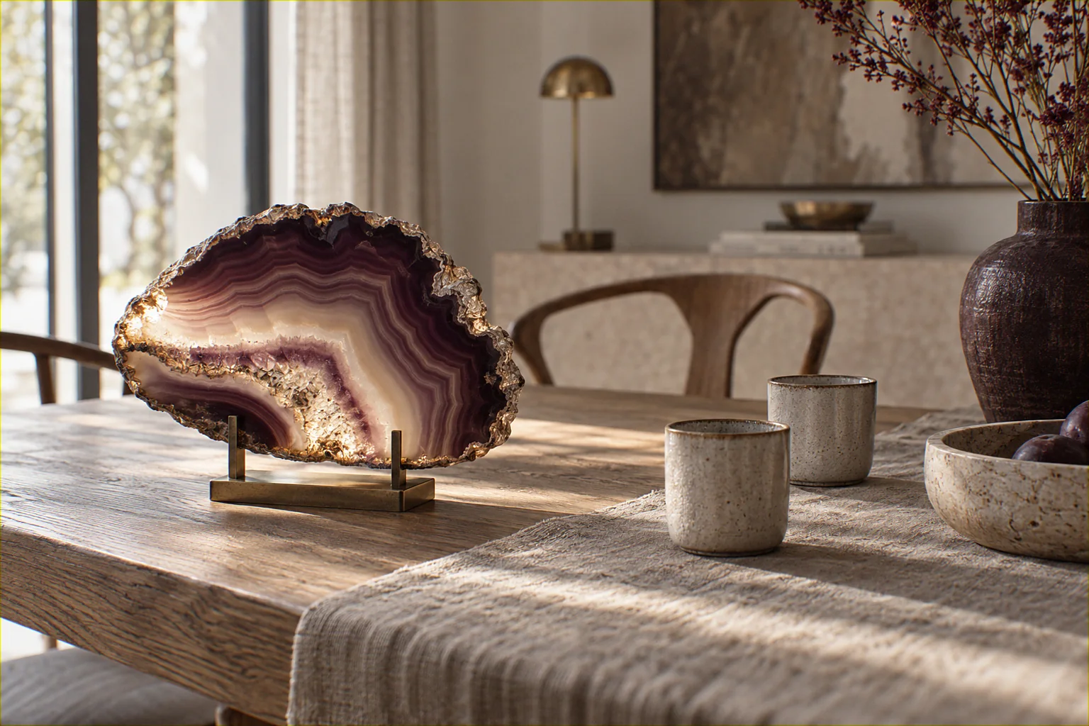 Grote agaatschijf op een messing standaard op een eikenhouten eettafel, met daarachter een lichte woonkamer