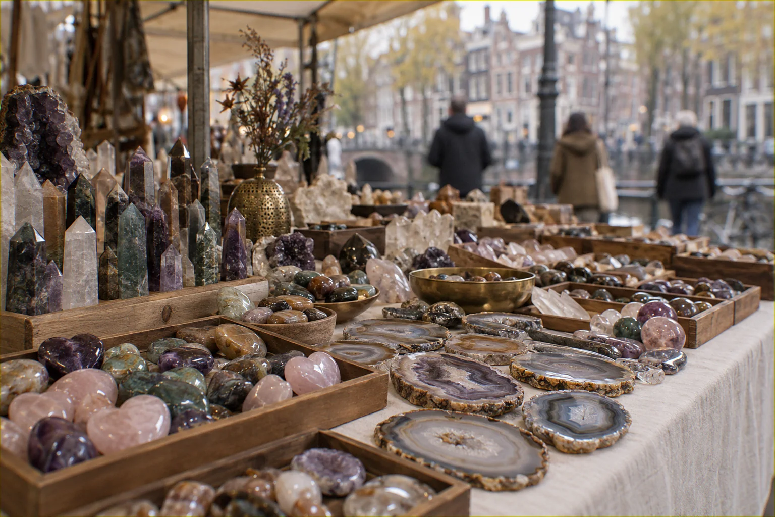 Marktkraam met edelstenen en kristallen aan een Amsterdamse straatmarkt